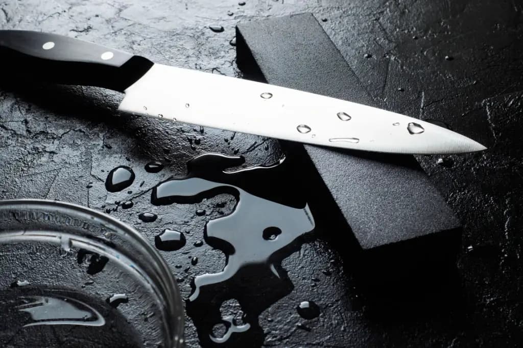 A knife against a black whetstone.