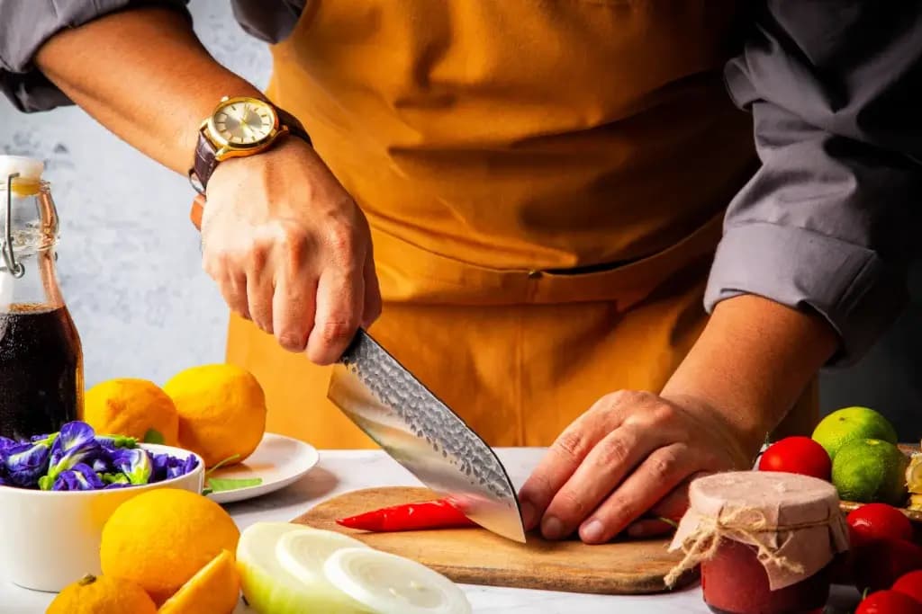 A person using hocho knife techniques. They have a gold watch on their wrist.
