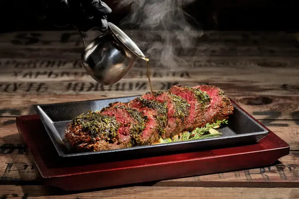 A well seasoned Japanese steak cut into thick slices.