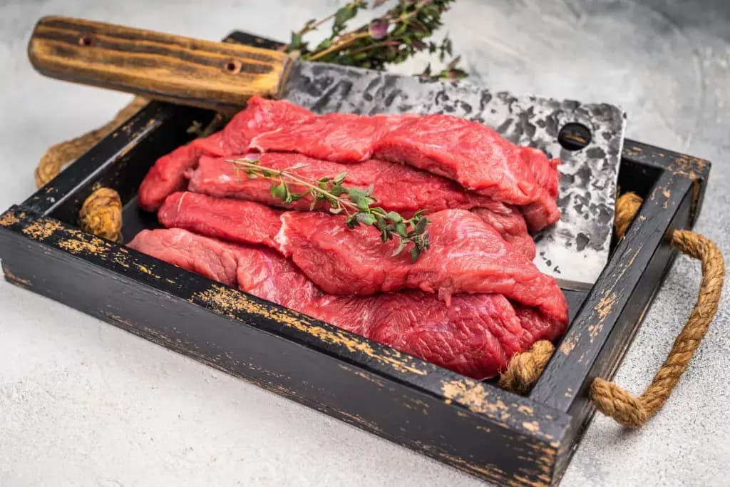 A plate of sliced basashi (horse meat) near a cleaver.