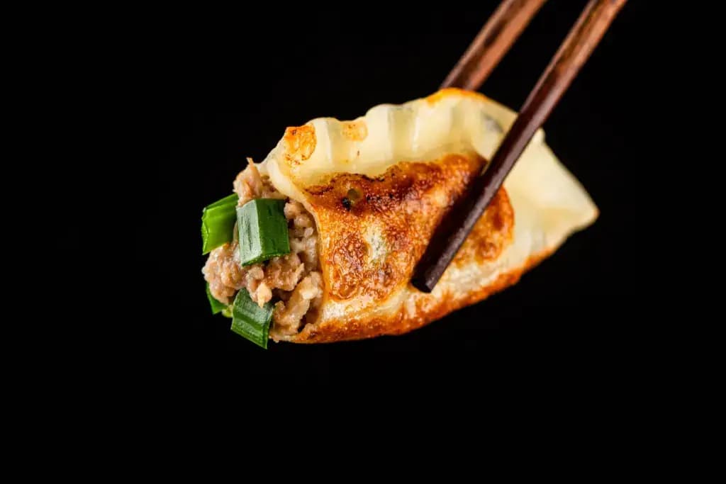 Someone holding an individual gyoza with chopsticks.