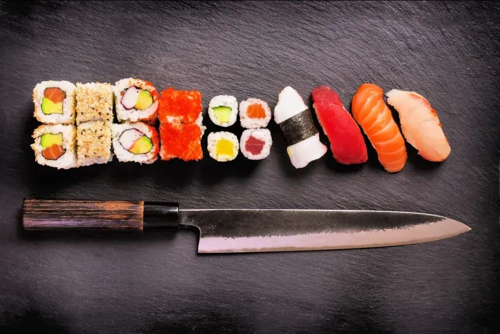 A long sujihiki knife blow rows of sushi rolls.